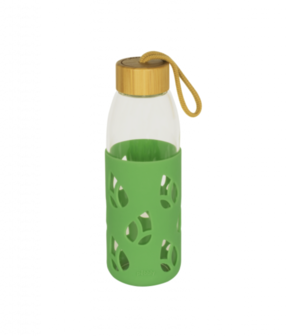 Pebbly Wasserflasche aus Glas mit gr&uuml;ner Silikonh&uuml;lle 55 cl