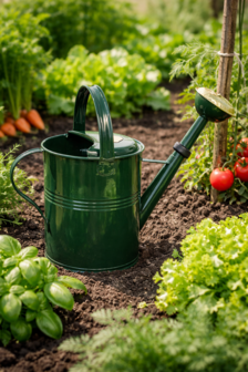 Authentieke groen gelakte gieter 9 liter met messing sproeikop