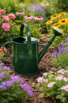 Authentieke groen gelakte gieter 9 liter met messing sproeikop