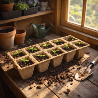 Papieren turf potjes 8 per tray  6x6x6cm 5 trays