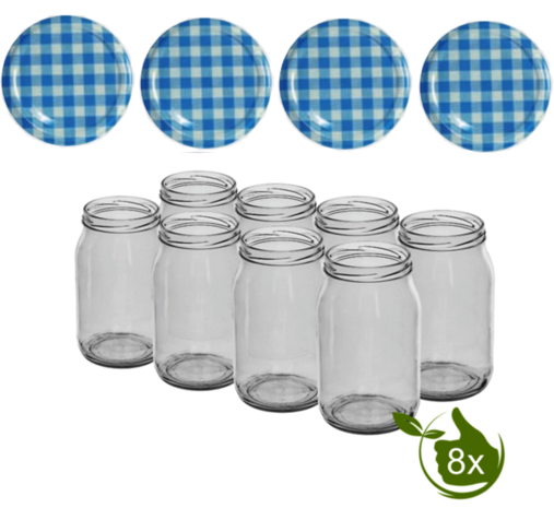 Glazenpotten 900 ml met twist-off deksel blauw/wit blok design 8 stuks