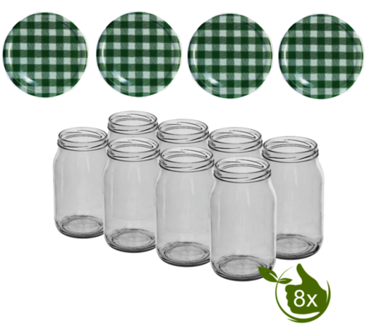 Glazenpotten 900 ml met twist-off deksel groen/wit blok design 8 stuks