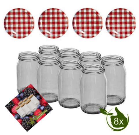 Glazenpotten 900 ml met twist-off deksel rood/wit blok design 8 stuks