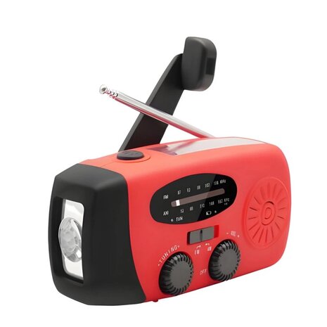 Noodradio opgeladen met een slinger, zonnepaneel of USB