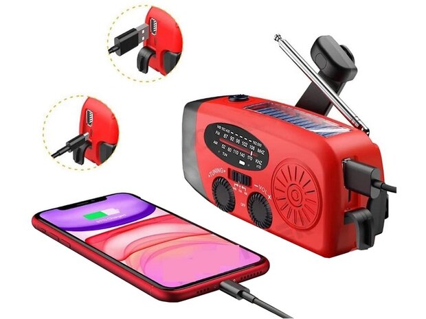 Noodradio opgeladen met een slinger, zonnepaneel of USB